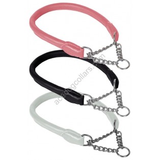 Ace Rolled super SOFT Half Check Leather Dog Collar:  (Pink, Black, White) ::: Stainless Steel Chain:::